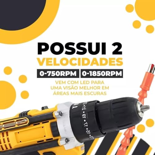 Furadeira e Parafusadeira de Impacto Sem Fio 21V com LED, 2 Baterias Recarregáveis Bivolt e 32 Acess