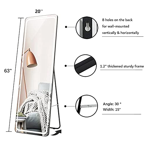 Full Length Mirror with Lights 63"x20", LED Body Mirror, Free Standing Floor Mirror, Wall Mounted Hanging Lighted Mirror, Full Size Tall Vanity Mirror, Large Dressing Mirror for Bedroom, Black - Thumbnail 6