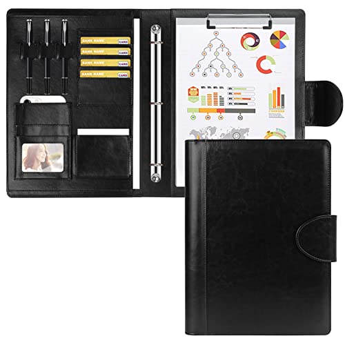 Toplive 3 Ring Portfolio Binder Padfolio Folder, Leather Business Interview Resume Portfolio A4/Letter Size Document Organizer With Clipboard Receipt Sleeve And Card Holder,Black #TOP15