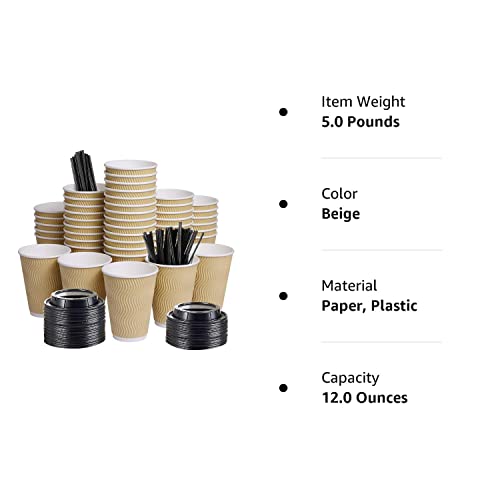 Springpack 12Oz 100 Packs Insulated Kraft Ripple Wall Disposable To Go Paper Coffee Cups For Office Parties Home Travel Corrugated Sleeve Hot Drink Cups With Lids & Straws,100 Count 12 Oz #TOP7