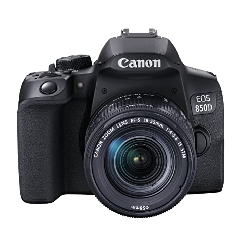 Canon EOS 850D DSLR Digitalkamera Gehäuse - mit Objektiv EF-S 18-55mm F4-5.6 IS STM (24,1 MP, 7,5 cm (3 Zoll) Display, APS-C Sensor, 45 AF-Kreuzsensoren, 4K, DIGIC 8, WLAN, Bluetooth) schwarz