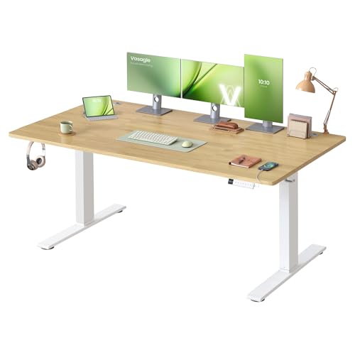 VASAGLE Escritorio Ajustable en Altura, 160 x 80 cm, Puerto USB-C, Estante para Regleta Eléctrica, Recordatorio de Sedentarismo, 3 Botones de Memoria, para Oficina, Roble Dorado LSD146YA02