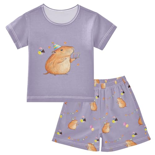 senya Cute Capybara Birthday Purple Summer Pajamas Set Short Cotton Sleepwear 2 Piece