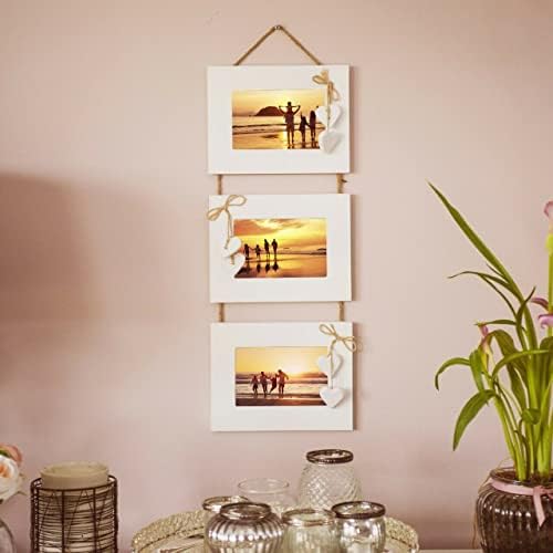 HomeZone Wall Mounted Wooden 3 Tier Vintage Style Photo Frames - Hanging White Hearts Multiple Rustic Picture Frames Shabby Chic for Home, Office, Kitchen Decor