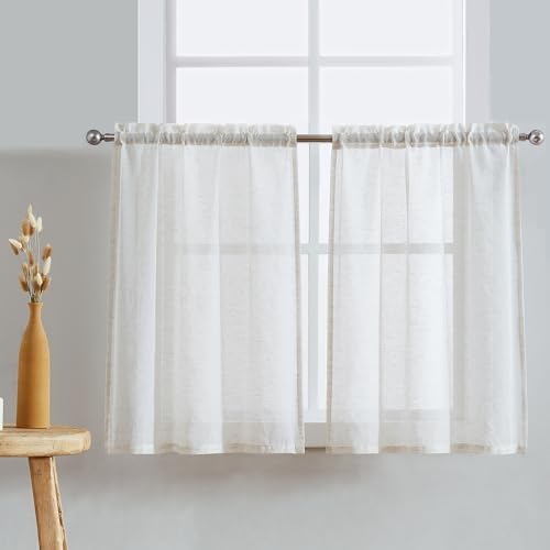 Image of FMFUNCTEX Sheer Tiers 24 Inch Short Natural Flax Linen Blend Small Cafe Curtains for Laundry Room Windows Farmhouse Rusric Curtains Rod Pocket 2 Panels Set