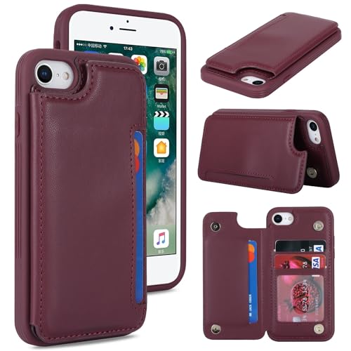 iCoverCase Funda tipo cartera para iPhone SE (2022)/SE (2020) iPhone 7/8/6/6s con tarjetero para mujeres y hombres, [bloqueo RFID] Ranuras para tarjetas Funda protectora de piel sintética (rojo vino)