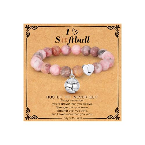 C-leen Softball Gifts for Girls - Natural Beads Initial Letter L Bracelet Sports Accessories Stuff Softball Gifts for Teen Girls Kids