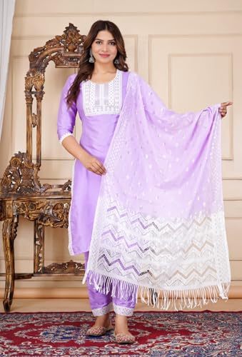 Image of Women's Silk Embroidered Kurta with Pant and Dupatta Set, Straight Style