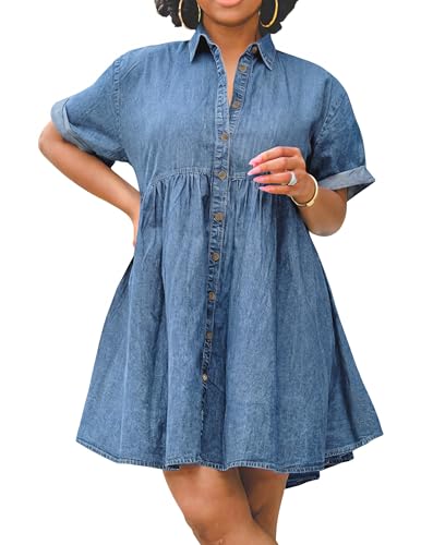 Image of Womens Denim Babydoll Dresses Summer Outfits Button Down Ruffle Tiered Jean Dress