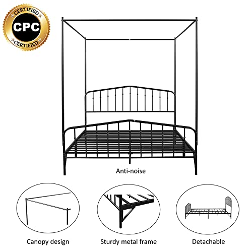 Rophefx Queen Size Metal Platform Bed Frame With Detachable Canopy, Queen Anti-Noise Metal Canopy Bed, No Box Spring Needed, Fast Assemble Design, Black #TOP3