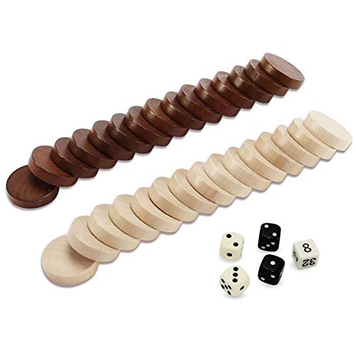 Asney Wooden Backgammon Pieces, Solid Wood Checker Pieces Set Board Game Table Chips And 5 Dices, Includes Storage Bag (1.34") #TOP5