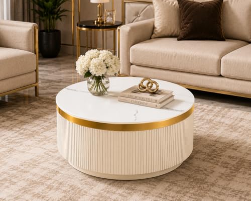Image of Modern Round Centre Table - 76x76x46 cm | White Marble Top with Gold Accent Strip & Charcoal Louvers | Luxury Coffee & Tea Table for Living Room, Lounge & Entryway (Ivery)
