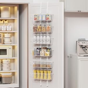 6 Tier Over the Door Pantry Organizer, Foldable Metal Over the Door Hanging Spice Rack with 6 Baskets, Adjustable Hanging Storage Rack for Kitchen, Bedroom, Laundry Room, Bathroom Essentials, White
