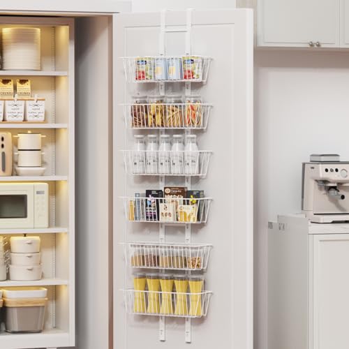 Upesitom 6 Tier Over the Door Pantry Organizer, Foldable Metal Over the Door Hanging Spice Rack with 6 Baskets, Adjustable No Drill Hanging Storage Rack for Kitchen, Bedroom, Laundry, Bathroom, White by Upesitom - Used condition - US$25.34