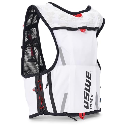 USWE Pace - Running Vest Hydration Pack with 2 x 500ml UltraFlask, Backpack for Men and Women (8L, White, Medium)