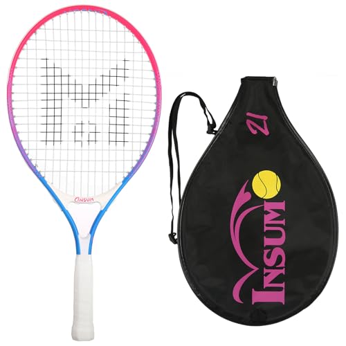insum 21'' Junior Tennis Racket for Kids Aged 4-6 Y with Strap Bag Tennis Racquet (21inch-Red-Blue)