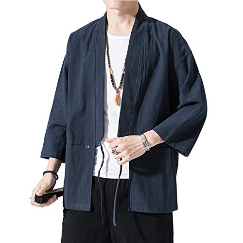 Seidarise Men\'s Kimono Traditional Japanese Clothing Male Cardigan Noragi Jacket Yukata Coat Haori Navy