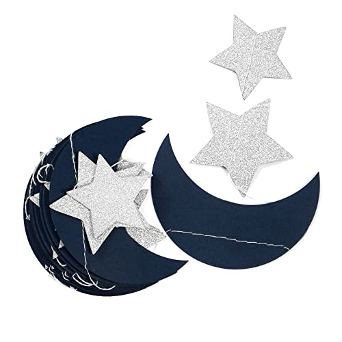 Image of Navy-Blue Silver Moon-Star Party-Decorations Garland - 52Ft Twinkle Little Star Hanging Decoration Streamers Banner, Eid Ramadan Mubarak Decoration Birthday Wedding Baby Shower Party Decor Panduola