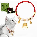 Yume Heya 猫の首輪 高級 赤色ミラン糸 & 黄金色装飾（かけるもの） 天然樟の木 和柄 安全素材 防虫 軽量 調節可能 着用しやすい 中小型猫犬共通 ギフト (長命鎖, M-中型适合【8-15斤以内】)