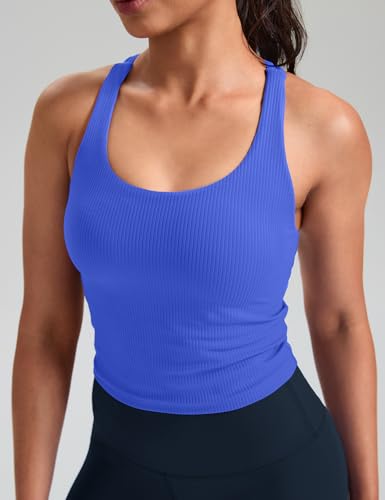 Image of HeyNuts Zeal Bras Longline Ribbed Medium Support Sports Bras, Crisscross Back Tank Tops with Removable Pads A-D Cups