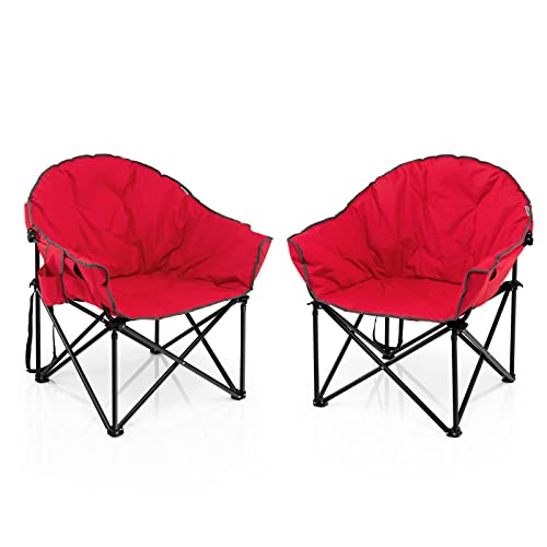 GIANTEX Set of 2 Portable Camping Chair, Moon Saucer Chair, Outdoor Folding Chair with Soft Padded Seat, Lawn Chair with Cup Holder and Carry Bag (Red)
