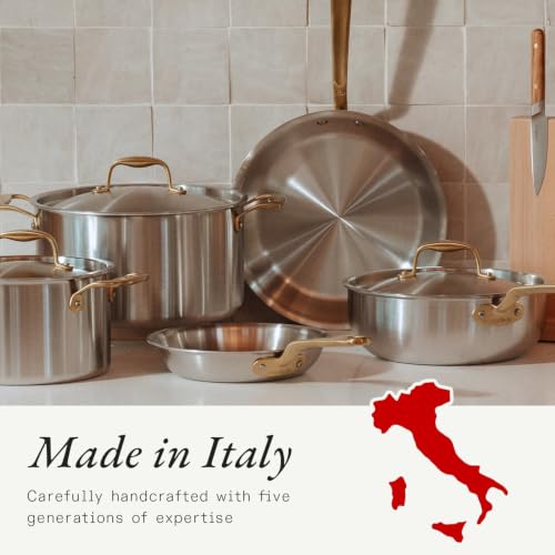 Image of Made In Cookware - 5 Pc Stainless Steel Cookware Set (Antique Brass Handle) - 5 Ply Clad - Includes Stainless Steel Frying Pan, Saucepan and Saucier with Lid - Professional Cookware - Crafted in Italy