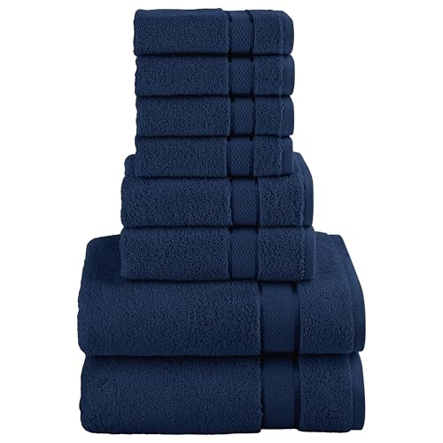 Image of Elegant Comfort Premium Cotton 8-Piece Towel Set, Includes 4 Washcloths, 2 Hand Towels and 2 Bath Towels, 100% Turkish Cotton - Highly Absorbent and Super Soft Towels for Bathroom, Navy
