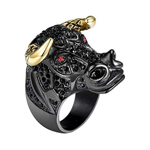 PAMTIER Men's Stainless Steel Shiny Zirconia Domineering Lucky Bull Ring Vintage Gothic Biker Band Black Size P 1/2 Cover