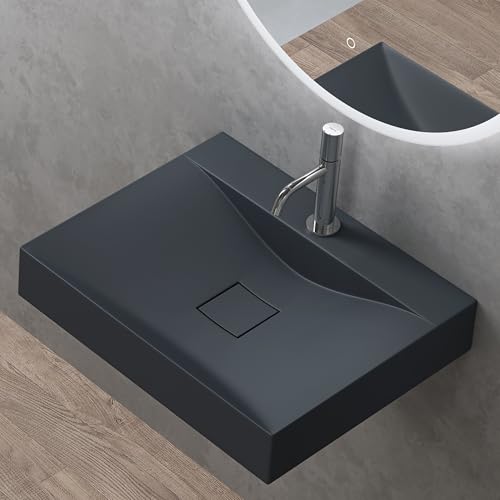 doporro Vasque à Poser 60cm avec Bonde Lavabo Suspendu Gris Noir Mat Colossum810 Fonte Minérale Solid Surface 60x48x12cm