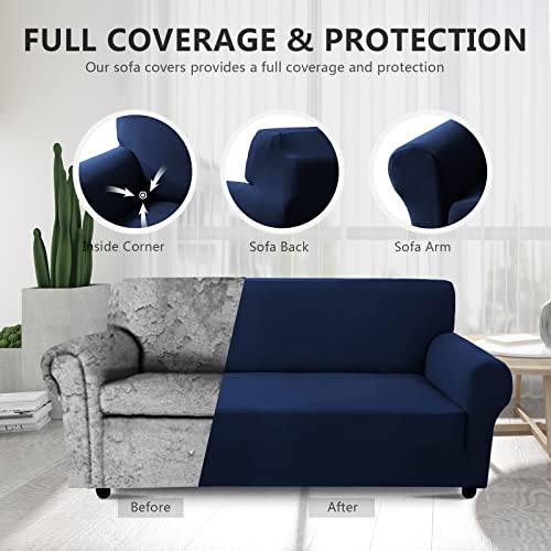 Molasofa Stretch Loveseat Cover For 2 Cushion Couch, 1-Piece Sofa Slipcover Furniture Protector Couch Soft With Elastic Bottom For Kids, Dogs And Cats (Medium, Silk Navy Blue) #TOP4