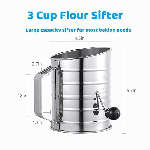 Flour Sifter 3-Cup Stainless Steel Rotary Hand Crank Sifter With 16 Fine Mesh Screen And 4 Wire Agitator Rotary Hand Crank Baking Sifter Professional Flour Sieve (Dough Blender) Baking Sifters #TOP1