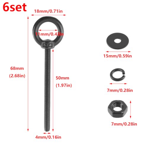 Image of Antrader Lifting Shoulder Eye Bolts,M4 Eye Bolt, M4 x 50mm,Black,6 Sets | Stainless Steel Eyebolts with Lock Nuts,Lock Washers,Flat Washers