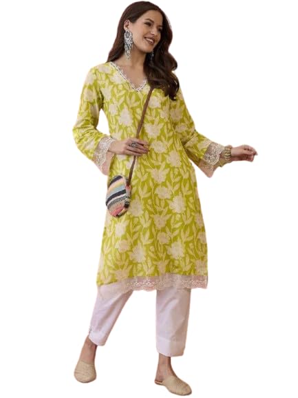 Image of Women's Floral Printed Cotton Afgani Kurta with Lace Detail Full Sleeves