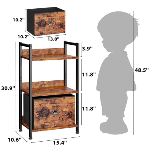 Furologee 3 Tier Bookshelf with Drawer, Small Bookcase with Shelves, Short Wood and Metal Bookshelf Storage Organizer, Industrial Freestanding Shelf Units for Bedroom, Living Room, Dorm, Rustic Brown