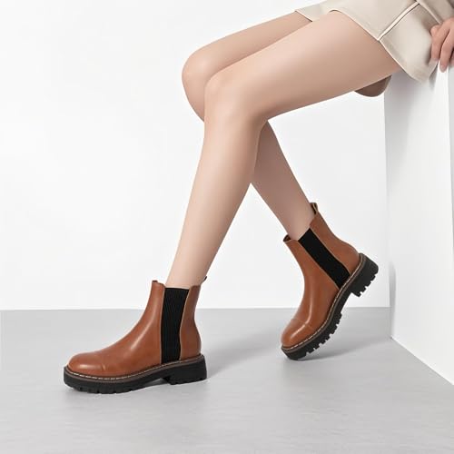 Athlefit Women's Chelsea Ankle Boots Platform Chunky Heel Brown Boots Slip On Comfortable Round Toe Elastic Fall Booties Size 5.5 — view 2