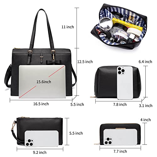 Keyli Laptop Tote Bag For Women Christmas Gifts Waterproof Leather Work Laptop Briefcase With Built-In Usb Charging Port Computer Shoulder Bags Fits 15.6 Inch, Business Handbag Purse 4Pcs Set Black #TOP2