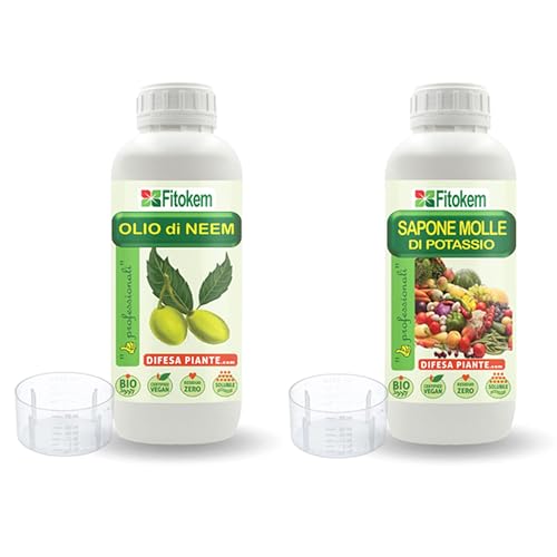 FITOKEM - Kit Óleo de Neem para plantas com sabão potássico (1 l) sabão potássico com óleo de Neem solúvel, proteção natural para plantas, contra: Mosca branca, cochonilha, antipulgão