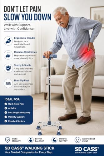 Image of 4 Leg Walking Stick | Lightweight Walking Support with Adjustable Height & Anti-Slip Handle | Quadbase Walking Cane for Men /Women, Patients, Elderly