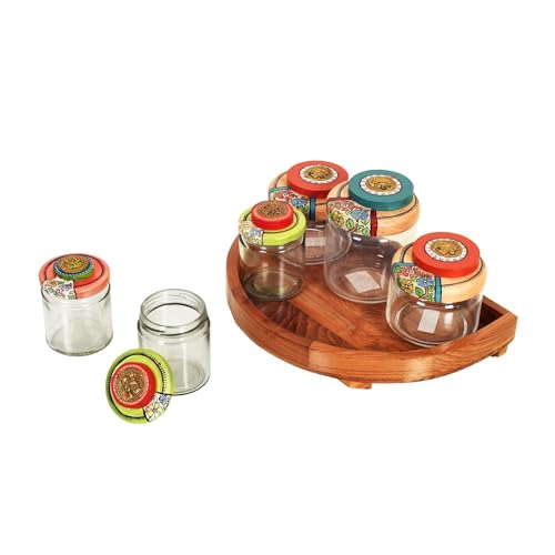 Image of AAKRITI ART CREATIONS Rainbow Pickle Jars with Handcrafted Wood Lids in Round Tray | Warli Art Colorful Glass Jar Set for Kitchen and Dining | Glossy Finish Airtight Storage Jars