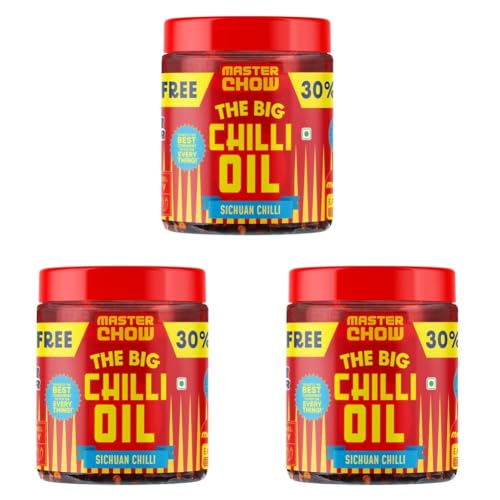 Image of MasterChow Chilli Oil Spicy Sichuan Chilli Oil (450gms) - 30% Extra | Made with Sichuan Peppercorns, Crunchy Garlic & Red Chillies (Pack of 3)