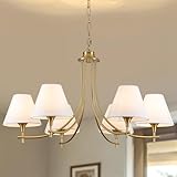 Brass Gold Chandeliers for Dining Room, 30' 6 Light Antique Modern Chandelier Light Fixture with White Fabric Shade, Classic Kitchen Pendant Lights over Table for Living Room Bedroom Entryway Foyer