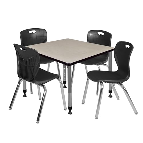 Romig Trek 36 in. Square Adjustable Classroom Table- Maple & 4 Andy 18 in. Stack Chairs- Black & Grey Base