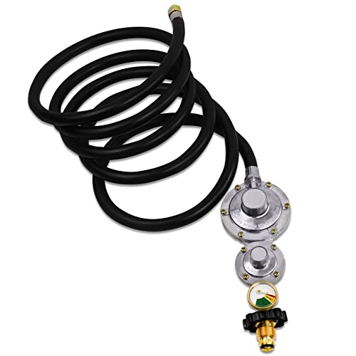 Azdele Upgraded Two Stage Propane Regulator with 10ft Hose and Gauge, Standard P.O.L Tank...