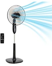 Amazon Basics 16" Pedestal Fan with Remote, Floor Fan, Standing Fan for Bedroom, Living Room, Office, with 3 Speeds, 3 Modes, Timer, Dual-Layered Blades, Adjustable Height, Tilt Head, 60W, Black