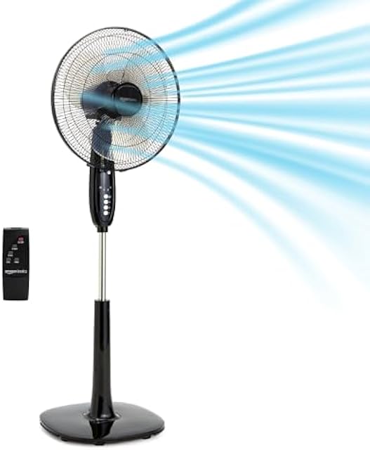 Amazon Basics 16" Pedestal Fan with Remote for Bedroom, Living Room, Office, Adjustable Height, Dual-Layered Blades, 3 Speeds, 3 Modes, Timer, Tilt Head, 60W, Black