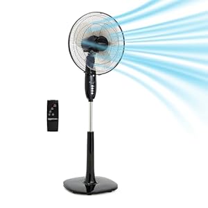Amazon Basics 16″ Pedestal Fan with Remote, Floor Fan, Standing Fan for Bedroom, Living Room, Office, with 3 Speeds, 3 Modes, Timer, Dual-Layered Blades, Adjustable Height, Tilt Head, 60W, Black