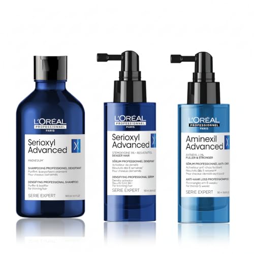 ’Oréal Professionnel – Pack Complet Anti Chute et Fortification des Cheveux Affaiblis – +8000 cheveux dès 6 semaines* Sérum Fortifiant + Sérum Densifiant + Shampoing Corporisant Serioxyl Aminexil
