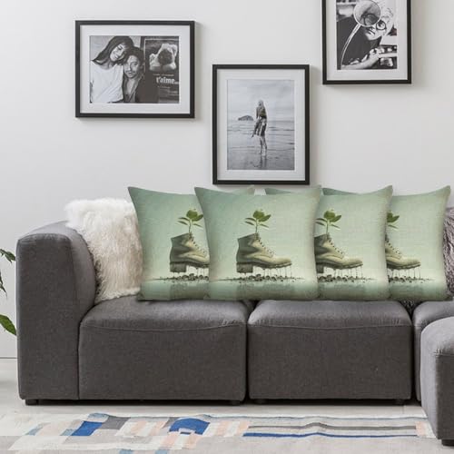 Housse de coussin carrée motif chaussures et bourgeons verts pour salon