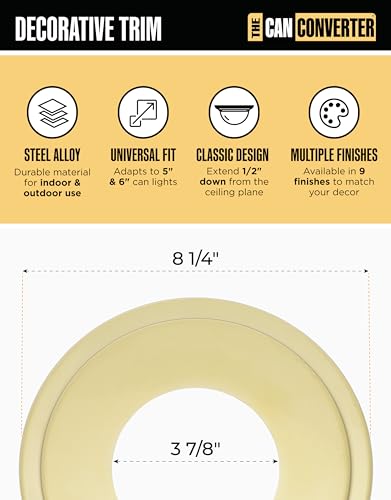 Image of The Can Converter Ceiling Medallion for Recessed Can Light - Home Improvement Decorative Steel Goof Ring & Cover Plate for 4'', 5'' & 6″ Cans, Small Ceiling Medallion for Chandeliers, Polished Brass