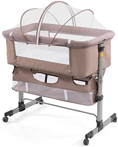 nordmiex 3in1 Bedside Crib for Baby Girl or Boy, Bedside Sleeper Crib for Baby Portable and Adjustable Crib with Mosquito net for Newborn Baby,Deep Khaki